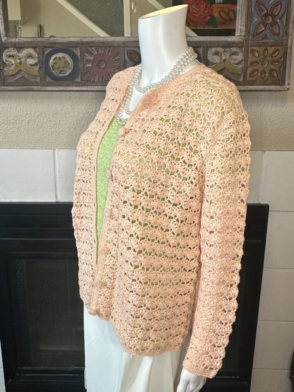 Hand Knit L Crochet Knit Pink Button Up Cardigan Jacket ~ See Description
